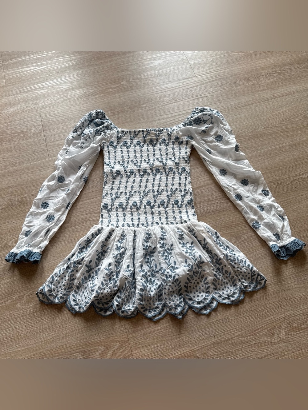 Smocked White Mini Dress with Blue Floral Embroidery